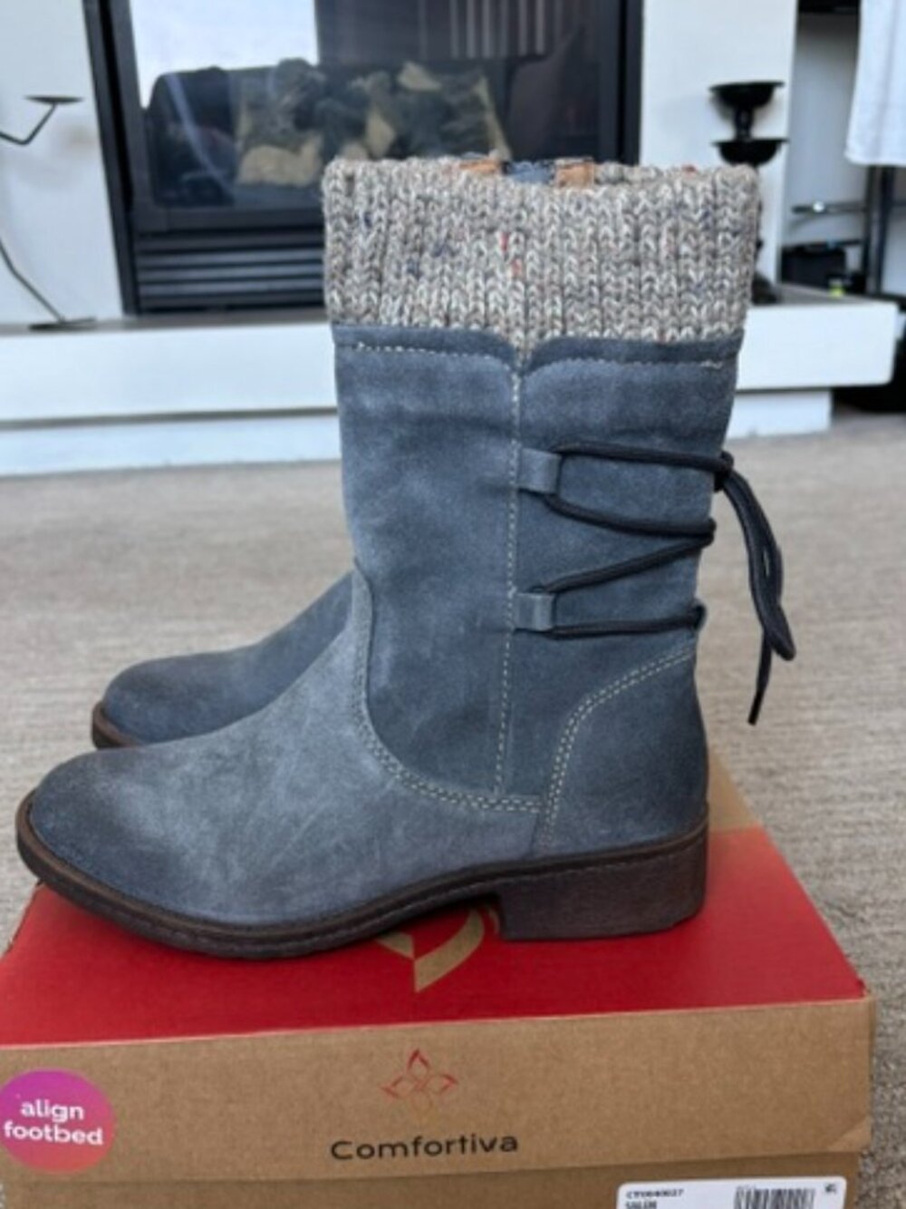 Comfortiva Women's Salem Denim Sweater Knit Mid Height Boots, Perfect Condition